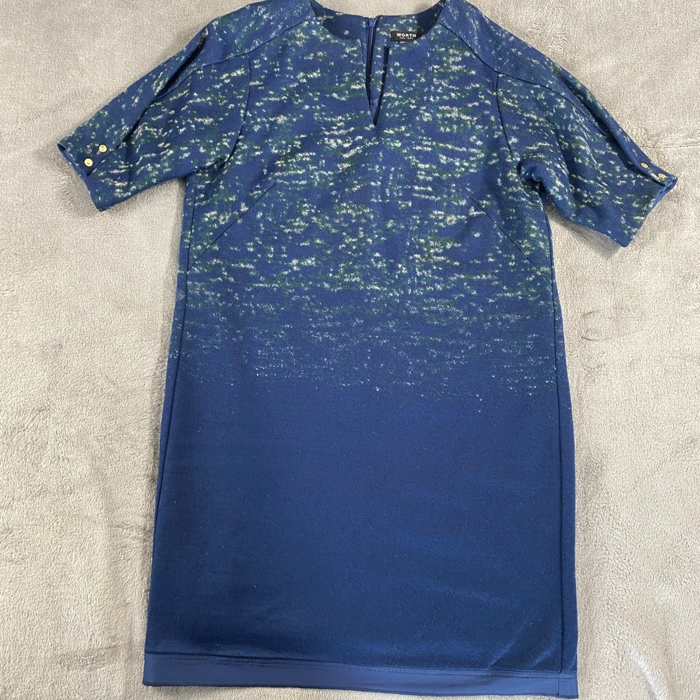 Worth New York Dress 10 Blue Ombre Wool Blend Short Sleeve Speckled Gold Button‎